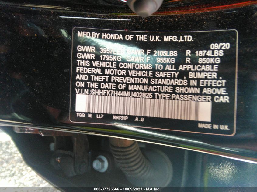 2021 HONDA CIVIC HATCHBACK SPORT SHHFK7H44MU402825