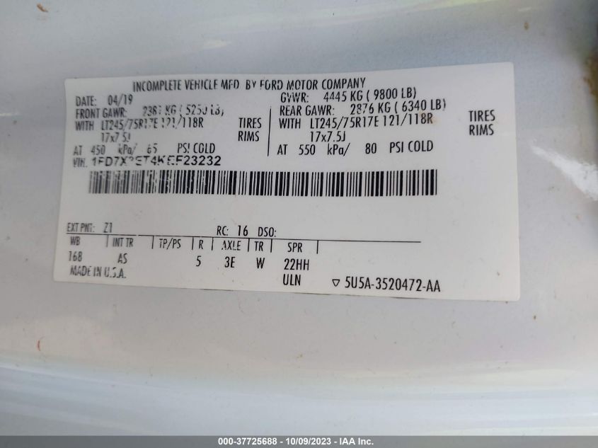2019 FORD F-350 CHASSIS XL 1FD7X3ET4KEF23232