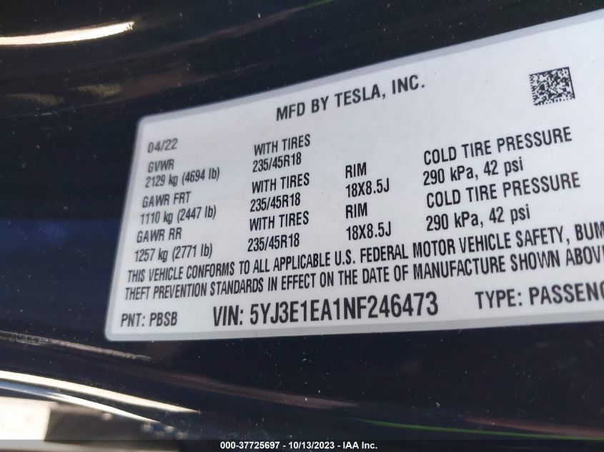 2022 TESLA MODEL 3 - 5YJ3E1EA1NF246473