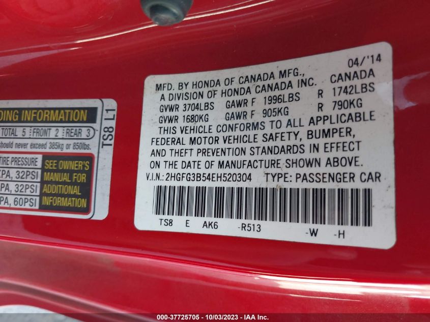 2014 HONDA CIVIC LX - 2HGFG3B54EH520304