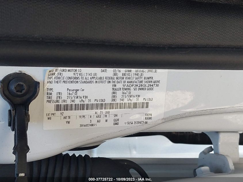 2016 FORD FOCUS SE - 1FADP3K28GL294730