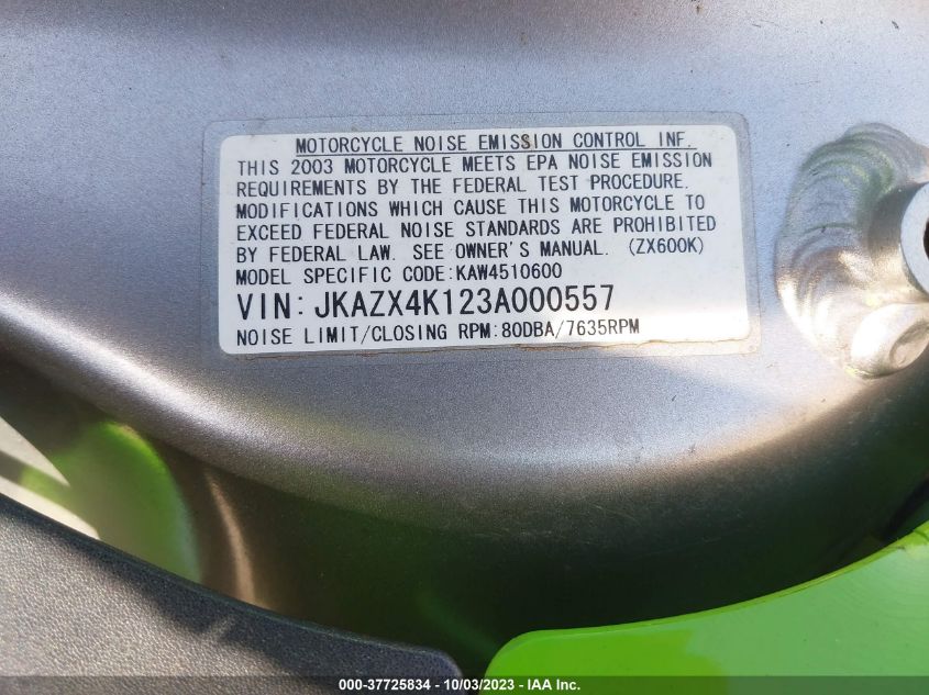 2003 KAWASAKI ZX600 K1 JKAZX4K123A000557