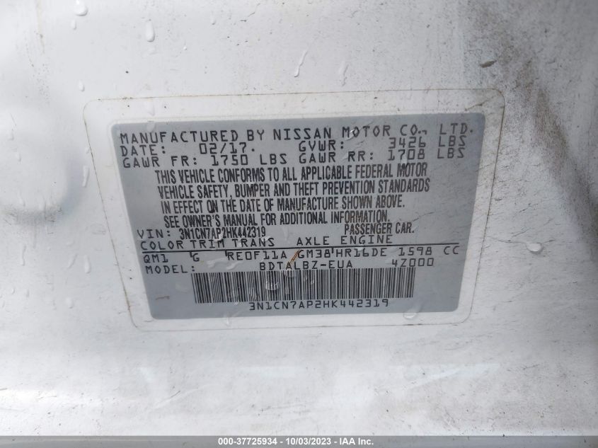 2017 NISSAN VERSA SEDAN SV - 3N1CN7AP2HK442319