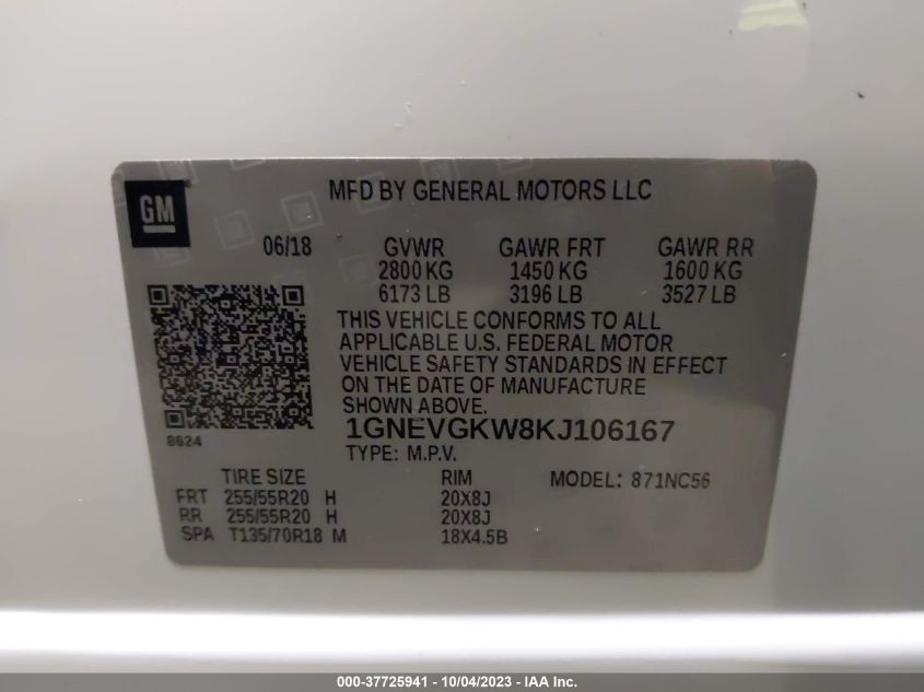 2019 CHEVROLET TRAVERSE LT CLOTH - 1GNEVGKW8KJ106167