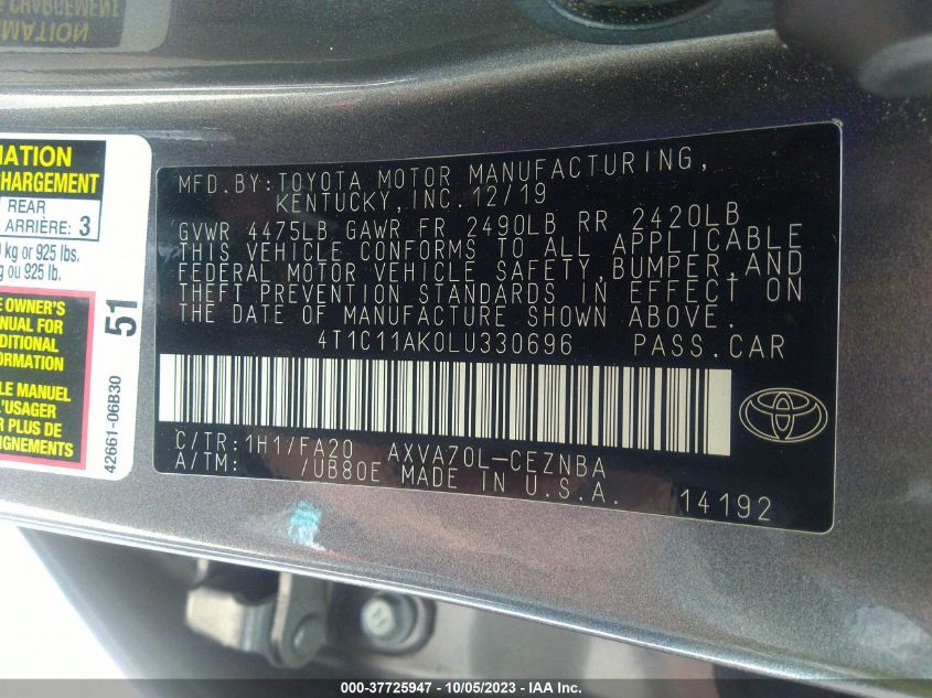 2020 TOYOTA CAMRY LE - 4T1C11AK0LU330696