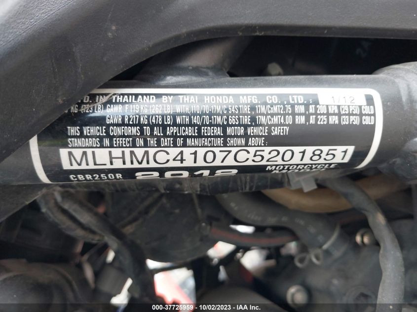 2012 HONDA CBR250 R MLHMC4107C5201851