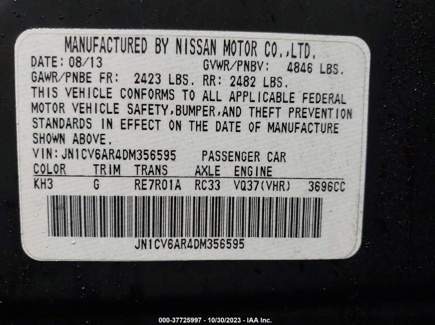 2013 INFINITI G37 SEDAN X JN1CV6AR4DM356595