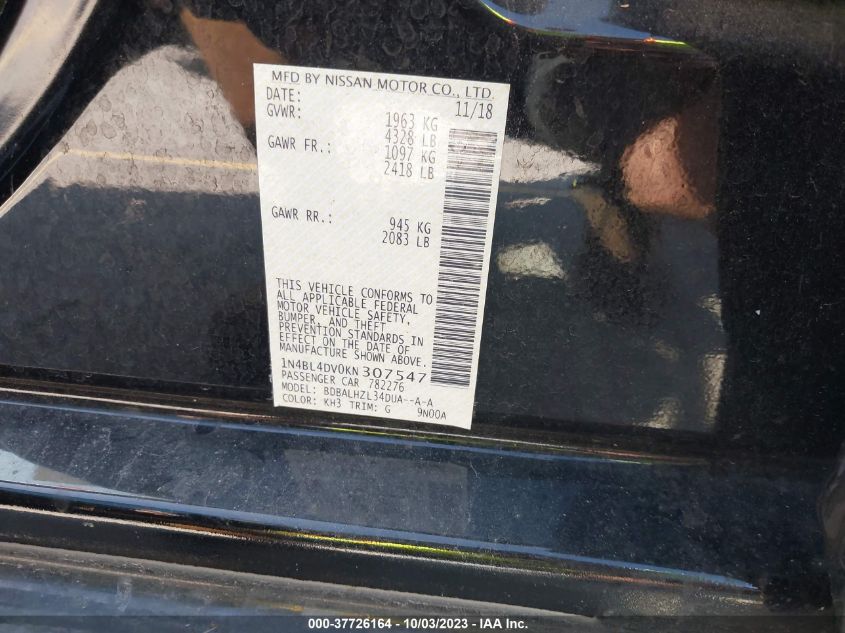 2019 NISSAN ALTIMA SV - 1N4BL4DV0KN307547