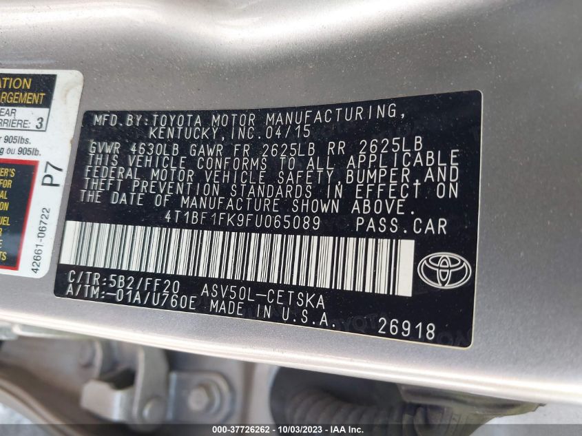 2015 TOYOTA CAMRY XLE/SE/LE/XSE - 4T1BF1FK9FU065089