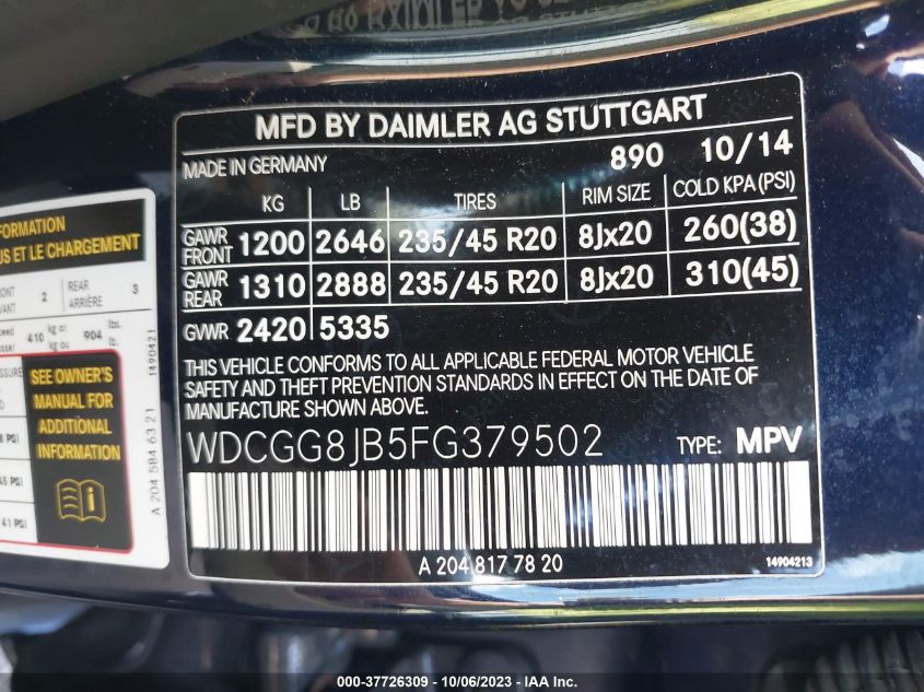 2015 MERCEDES-BENZ GLK 350 WDCGG8JB5FG379502