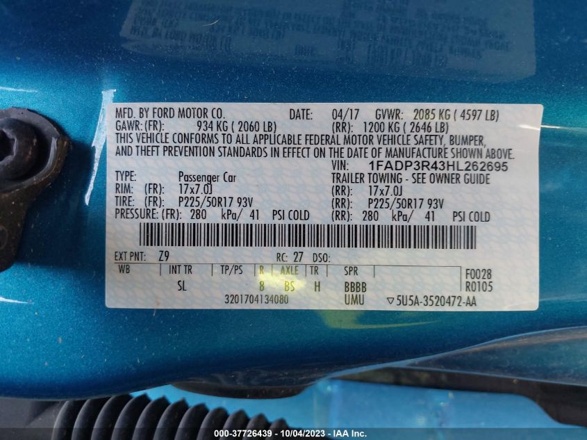 2017 FORD FOCUS ELECTRIC - 1FADP3R43HL262695