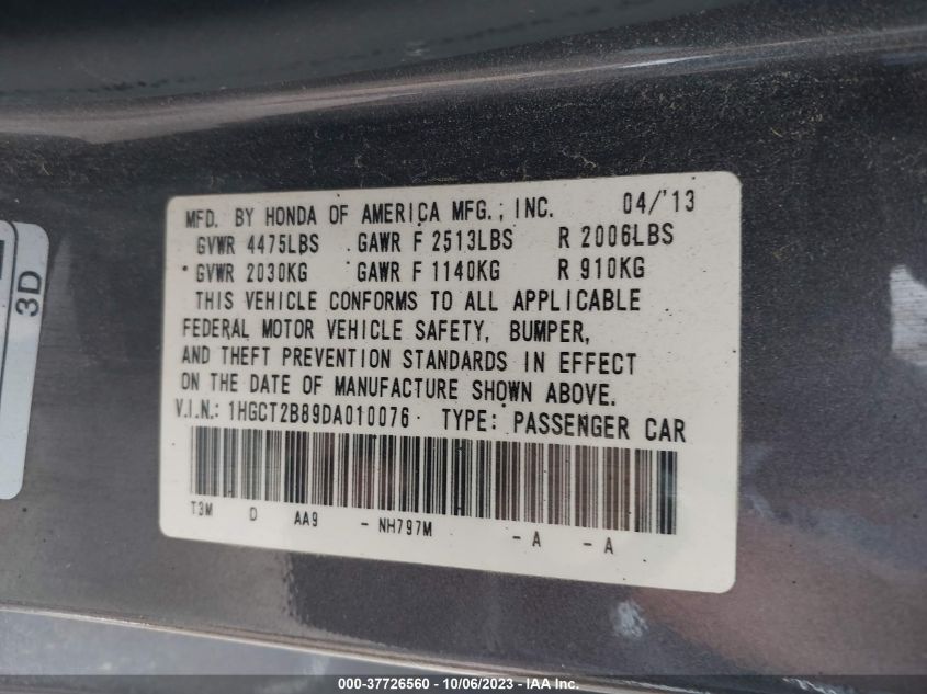 2013 HONDA ACCORD CPE EX-L 1HGCT2B89DA010076