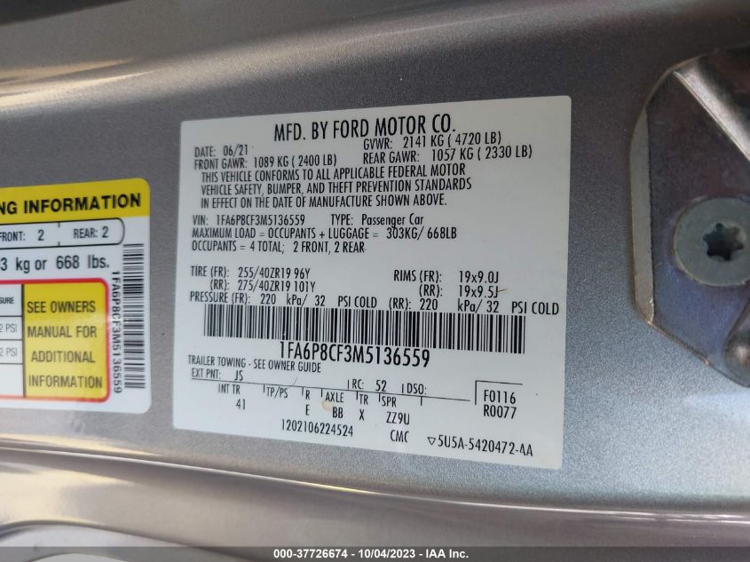 VIN 1FA6P8CF3M5136559 2021 FORD MUSTANG GT