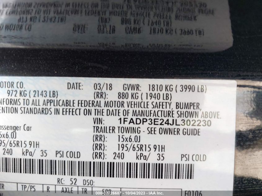 2018 FORD FOCUS S - 1FADP3E24JL302230