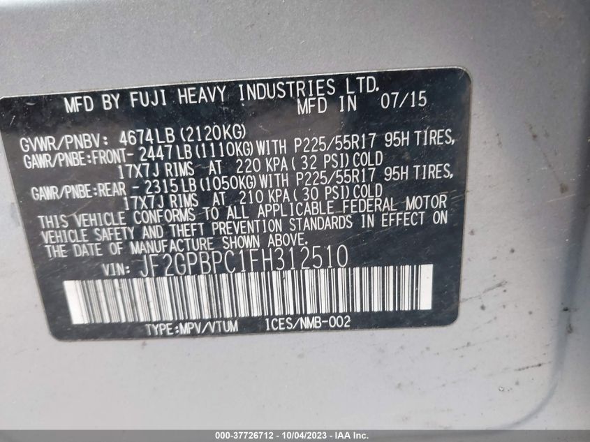 2015 SUBARU XV CROSSTREK HYBRID TOURING - JF2GPBPC1FH312510