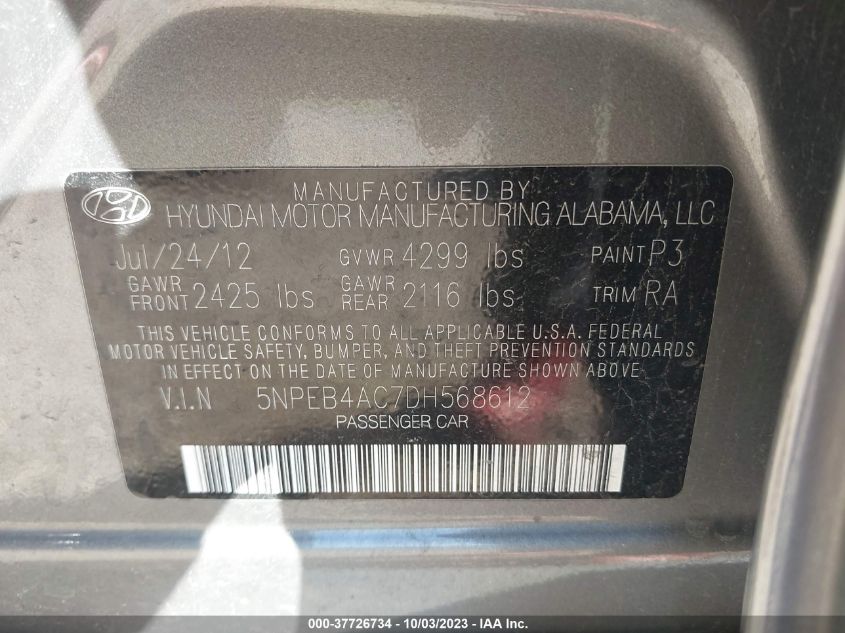 2013 HYUNDAI SONATA GLS PZEV - 5NPEB4AC7DH568612