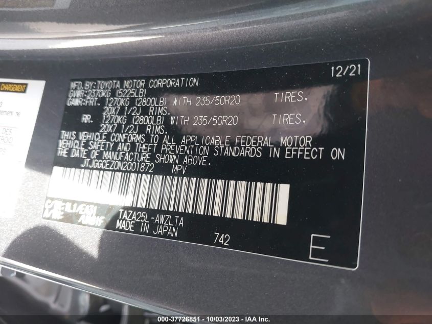 2022 LEXUS NX 350 PREMIUM JTJGGCEZ0N2001872