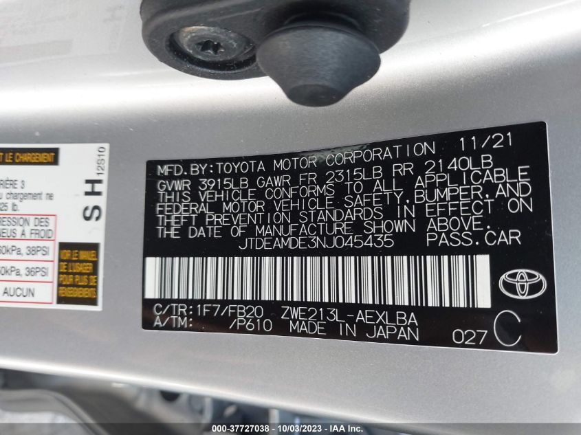 2022 TOYOTA COROLLA HYBRID LE - JTDEAMDE3NJ045435