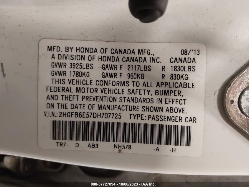 2013 HONDA CIVIC SDN SI - 2HGFB6E57DH707725