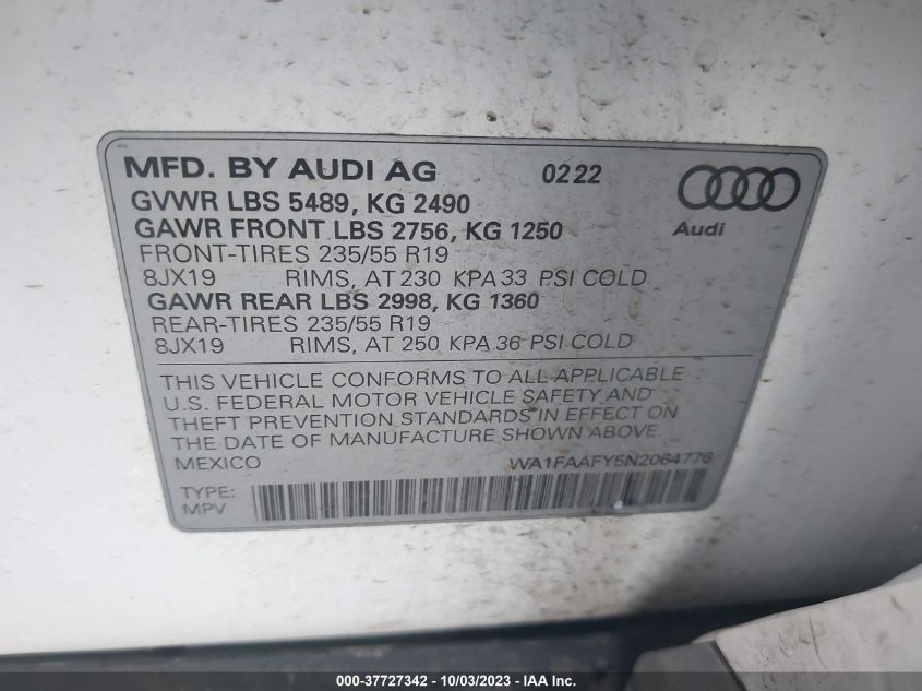 2022 AUDI Q5 S LINE PRESTIGE - WA1FAAFY5N2064776