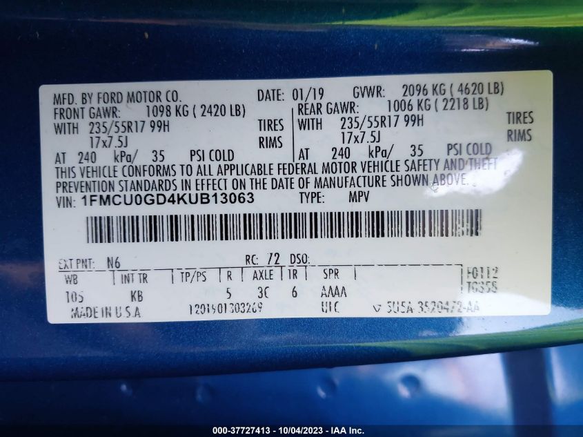 1FMCU0GD4KUB13063 2019 FORD ESCAPE, photo no. 9