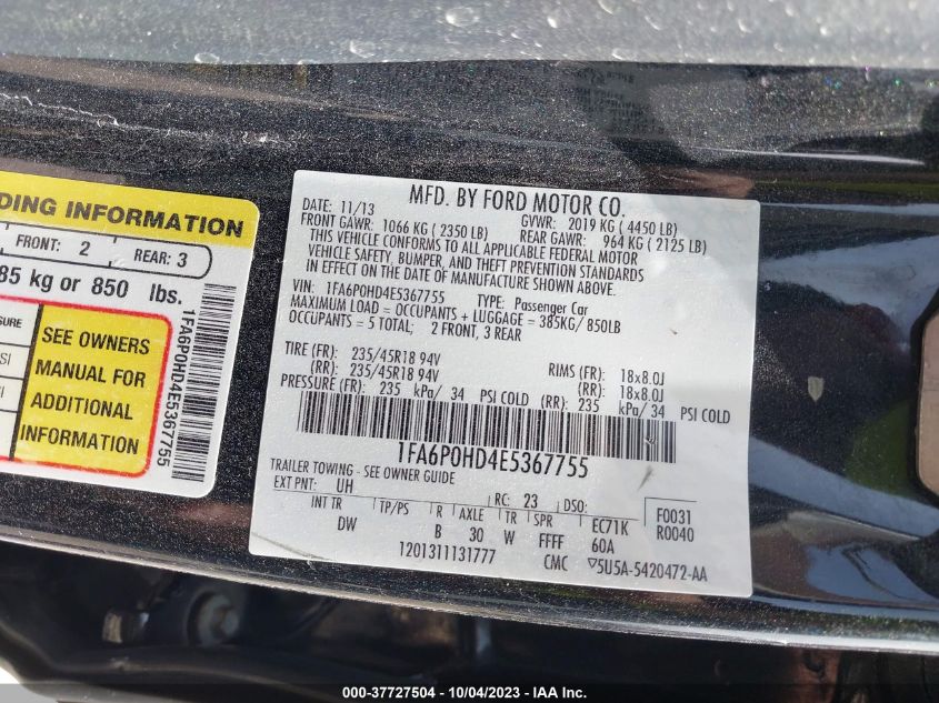 2014 FORD FUSION SE - 1FA6P0HD4E5367755