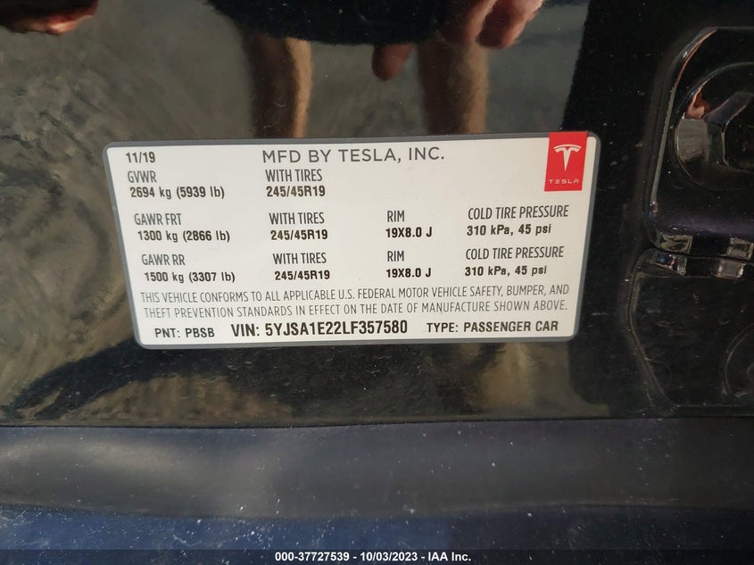 VIN 5YJSA1E22LF357580 2020 TESLA MODEL S