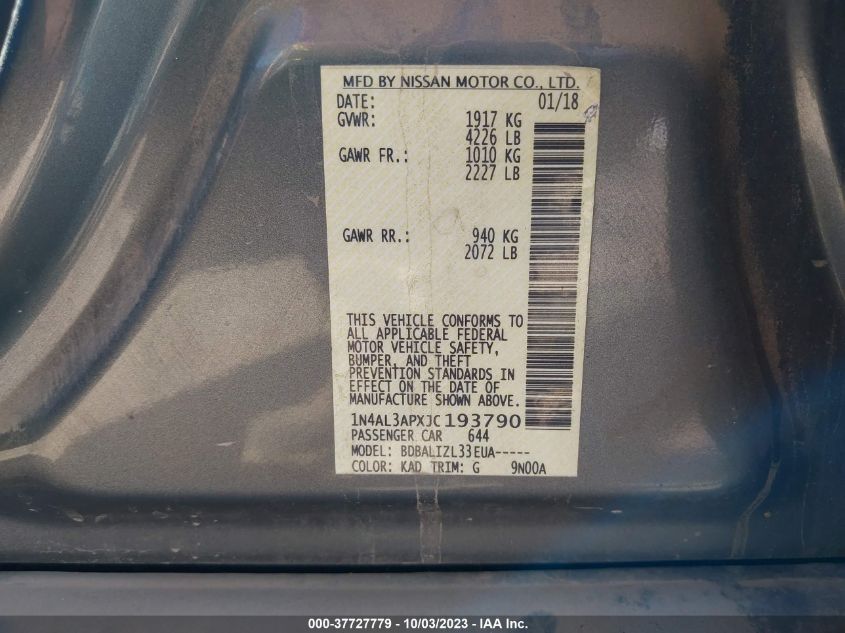 2018 NISSAN ALTIMA 2.5/S/SV/SL/SR - 1N4AL3APXJC193790