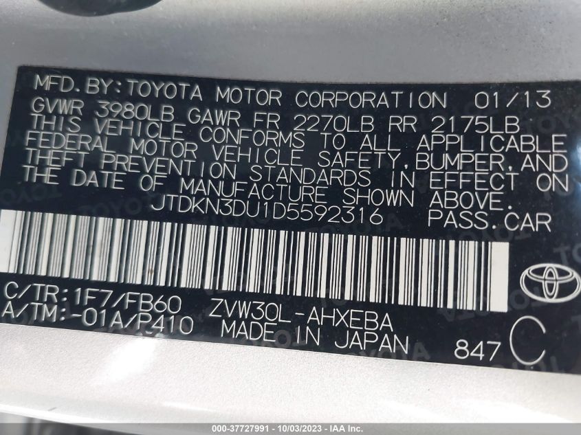 2013 TOYOTA PRIUS ONE/TWO/THREE/FOUR/FIVE - JTDKN3DU1D5592316