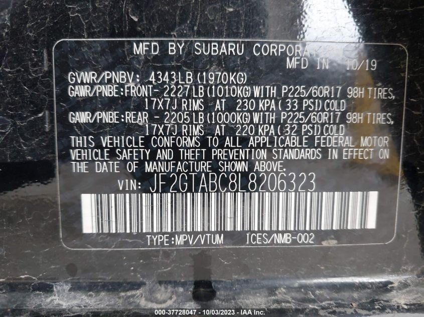 VIN JF2GTABC8L8206323 2020 SUBARU CROSSTREK