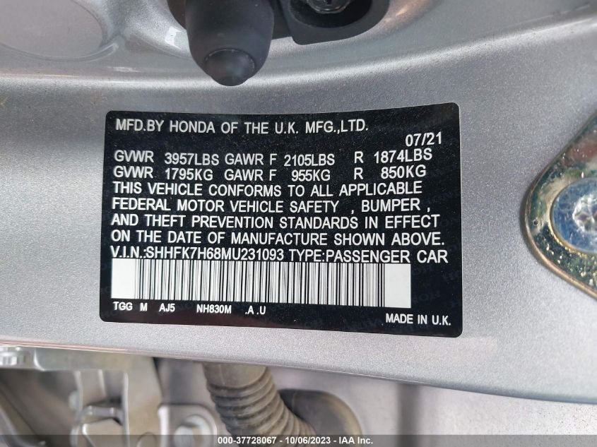 2021 HONDA CIVIC EX - SHHFK7H68MU231093