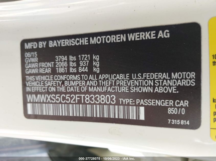 2015 MINI HARDTOP COOPER WMWXS5C52FT833803