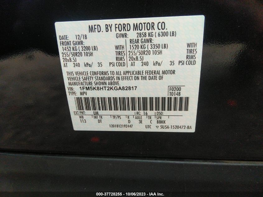 2019 FORD EXPLORER PLATINUM - 1FM5K8HT2KGA82817