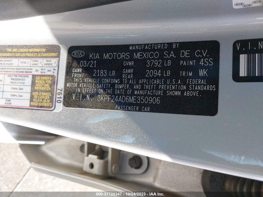 VIN 3KPF24AD6ME350906 2021 KIA FORTE LXS