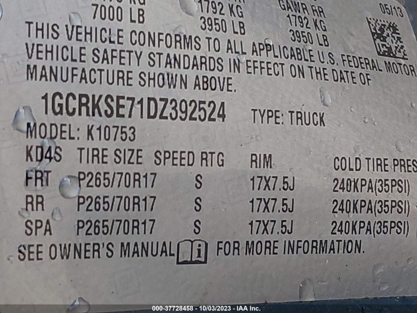 2013 CHEVROLET SILVERADO 1500 LT - 1GCRKSE71DZ392524