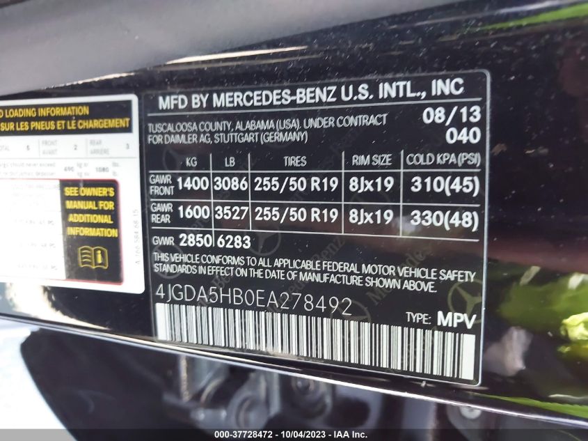 2014 MERCEDES-BENZ M-CLASS ML 350 4JGDA5HB0EA278492