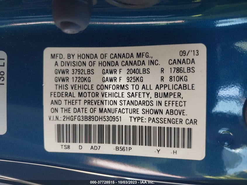 2013 HONDA CIVIC CPE VIN: 2HGFG3B89DH530951