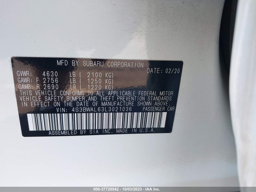 VIN 4S3BWAL63L3021036 2020 SUBARU LEGACY LIMITED