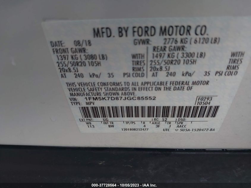 2018 FORD EXPLORER XLT - 1FM5K7D87JGC85552
