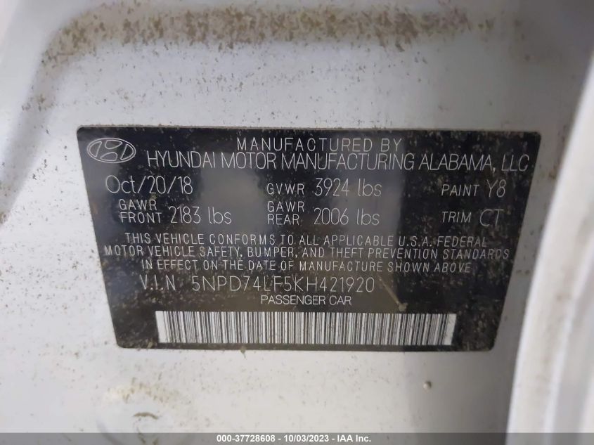 5NPD74LF5KH421920 Hyundai Elantra SE 9