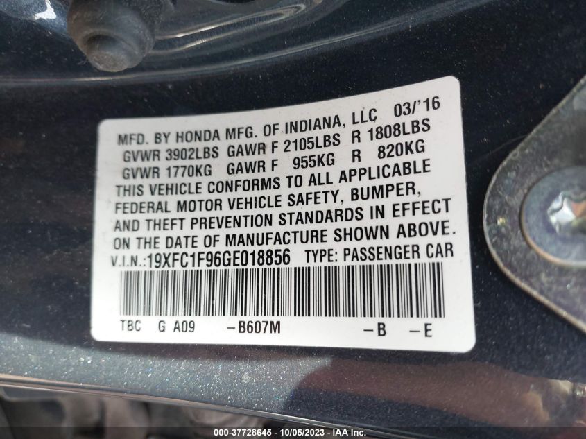 2016 HONDA CIVIC SEDAN TOURING - 19XFC1F96GE018856