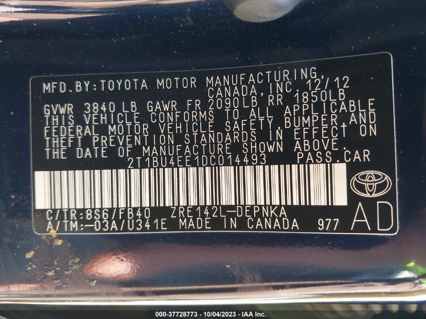 2013 TOYOTA COROLLA L/LE/S - 2T1BU4EE1DC014493