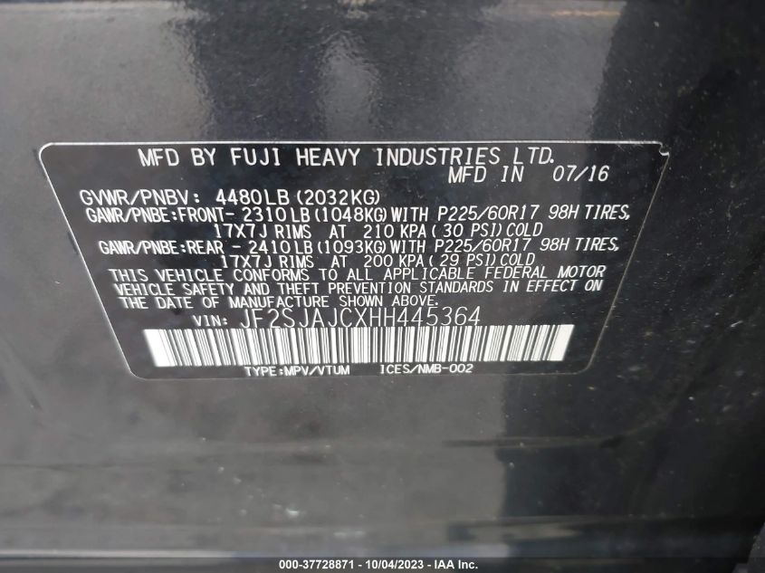 VIN JF2SJAJCXHH445364 2017 SUBARU FORESTER LIMITED