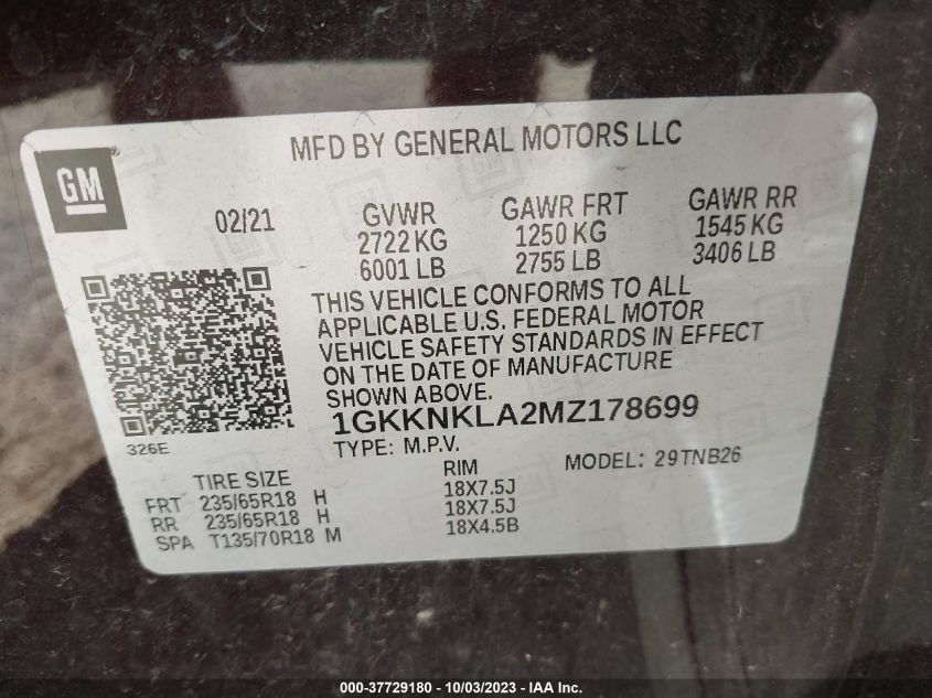 VIN 1GKKNKLA2MZ178699 2021 GMC ACADIA no.9