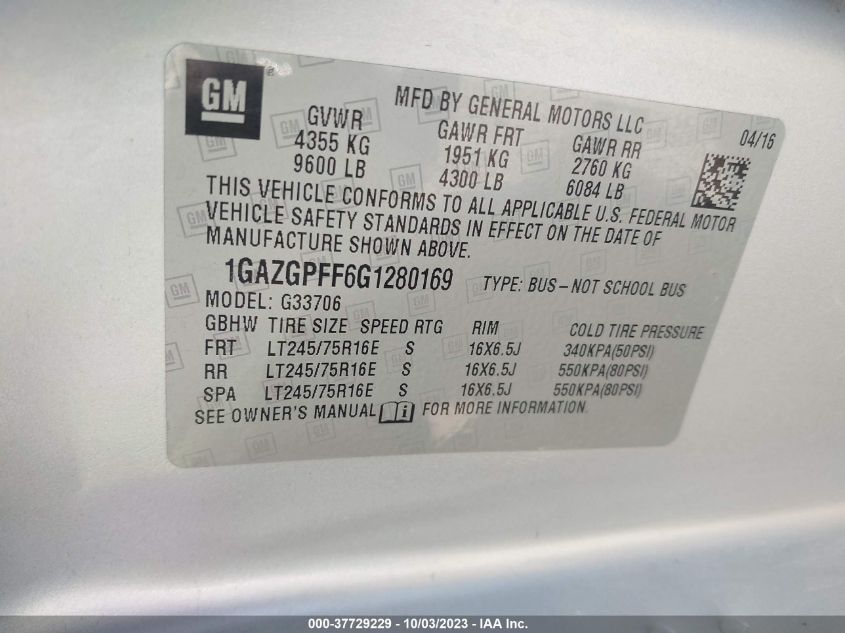 2016 CHEVROLET EXPRESS 3500 LT 1GAZGPFF6G1280169