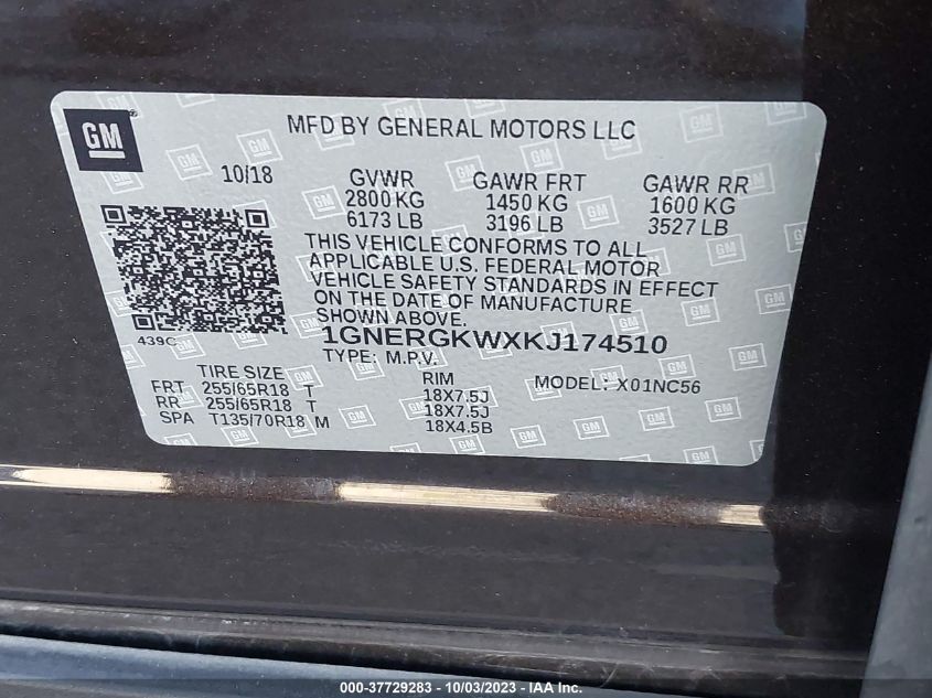 1GNERGKWXKJ174510 Chevrolet Traverse LT CLOTH 9