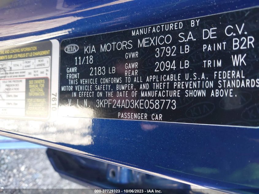 VIN 3KPF24AD3KE058773 2019 KIA FORTE LXS