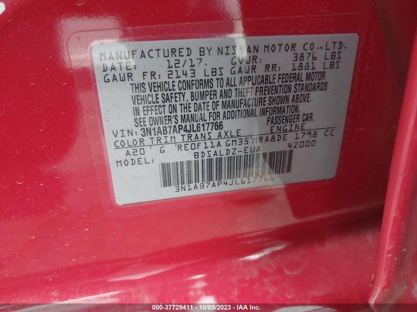 2018 NISSAN SENTRA VIN: 3N1AB7AP4JL617766