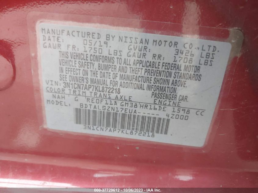 2019 NISSAN VERSA SEDAN SV 3N1CN7AP7KL872218