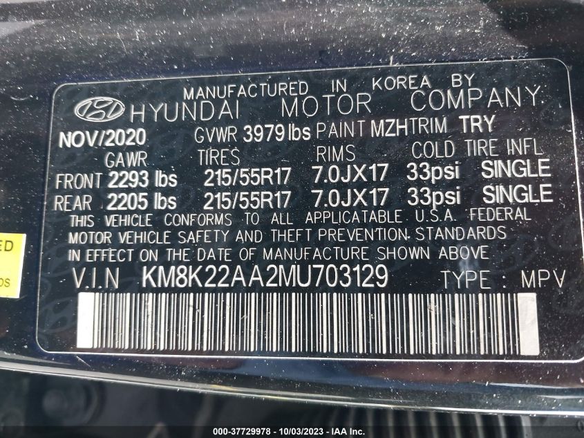 2021 HYUNDAI KONA SEL - KM8K22AA2MU703129